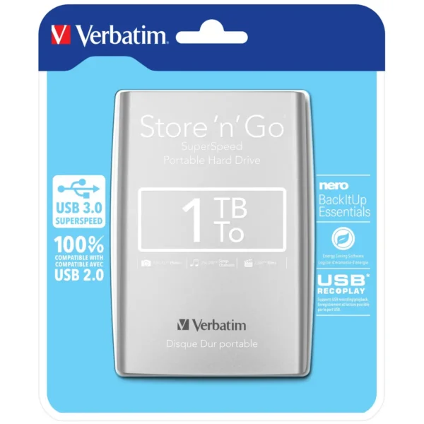 Verbatim Store ‘n’ Go USB 3.0 Portable Hard Drive 1TB Silver