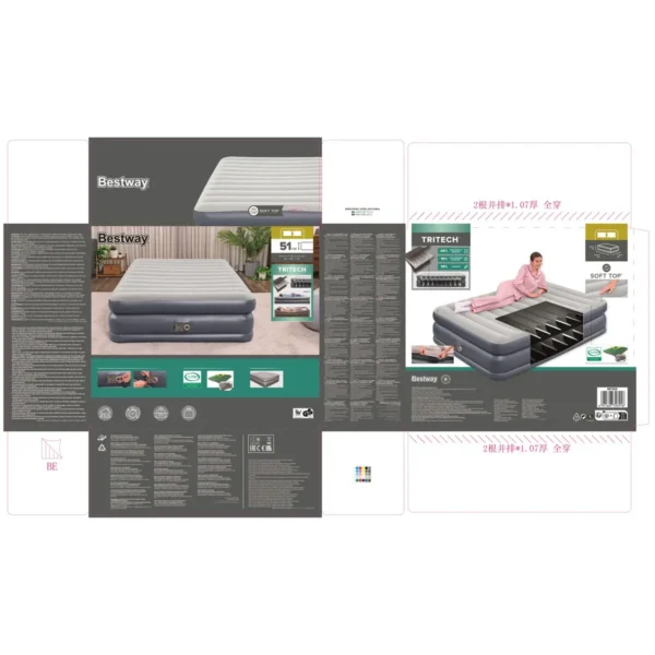 Bestway Tritech QuadComfort Air Mattress Queen with Built-in AC Pump and Antimicrobial Coating 2.03 m x 1.52 m x 51 cm