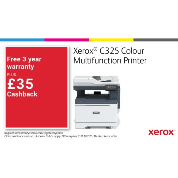 Xerox C325 A4 33ppm Wireless Duplex Copy/Print/Scan/Fax PS3 PCL5e/6 2 Trays Total 251 Sheets