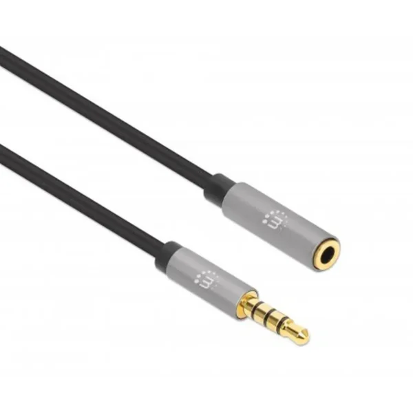 Manhattan Stereo Audio 3.5mm Extension Cable, 5m, Male/Female, Slim Design, Black/Silver, Premium with 24 karat gold plated contacts and pure oxygen-free copper (OFC) wire, Lifetime Warranty