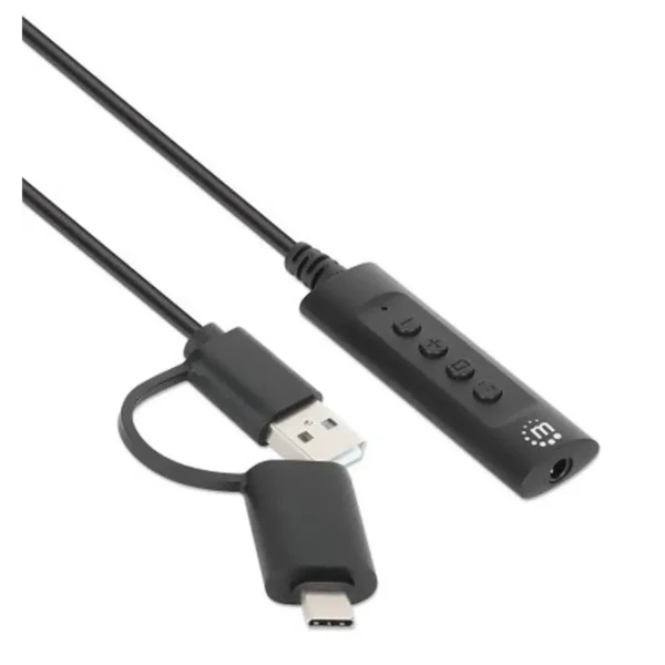 Manhattan USB-C & USB-A to 3.5 mm Stereo Audio Aux Adapter Cable, 2-in-1, Male to Female, Cable 1m, Supports a Headset’s Mic and Audio Function, CTIA Standard, Volume and Mute Control, Black
