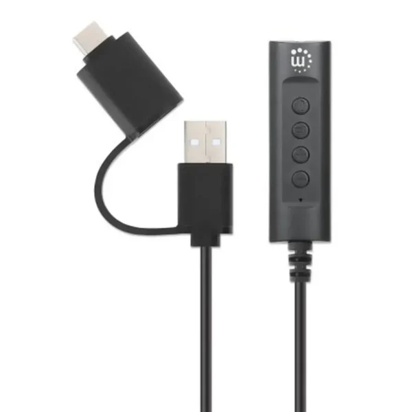 Manhattan USB-C & USB-A to 3.5 mm Stereo Audio Aux Adapter Cable, 2-in-1, Male to Female, Cable 1m, Supports a Headset’s Mic and Audio Function, CTIA Standard, Volume and Mute Control, Black