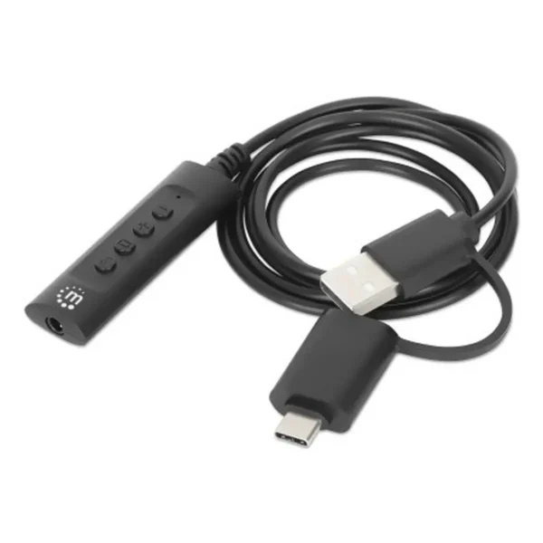 Manhattan USB-C & USB-A to 3.5 mm Stereo Audio Aux Adapter Cable, 2-in-1, Male to Female, Cable 1m, Supports a Headset’s Mic and Audio Function, CTIA Standard, Volume and Mute Control, Black