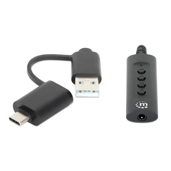 Manhattan USB-C & USB-A to 3.5 mm Stereo Audio Aux Adapter Cable, 2-in-1, Male to Female, Cable 1m, Supports a Headset’s Mic and Audio Function, CTIA Standard, Volume and Mute Control, Black