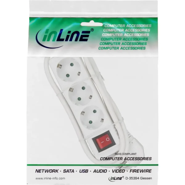 InLine Socket strip, 3-way earth contact CEE 7/3, with switch, white, 1.5m