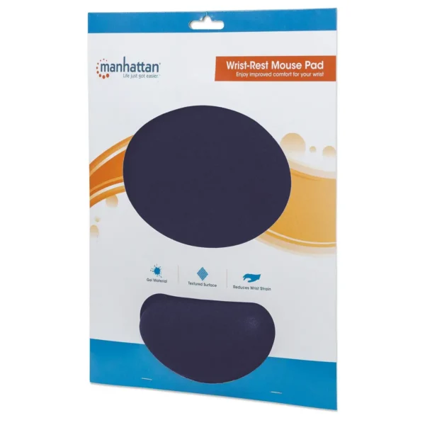 Manhattan Wrist Gel Support Pad and Mouse Mat, Blue, 241 × 203 × 40 mm, non slip base, Lifetime Warranty, Card Retail Packaging