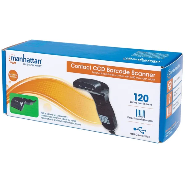 Manhattan Contact CCD Handheld Barcode Scanner, USB, 80mm Scan Width, Cable 152cm, Max Ambient Light: 3,000 lux (sunlight), Black, Three Year Warranty