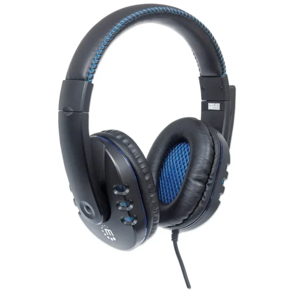 Manhattan USB-A Gaming Headset with LEDs. Retractable Built-in Microphone, Audio Control, Integrated 1.8m cable, Black and Blue, Three Year Warranty