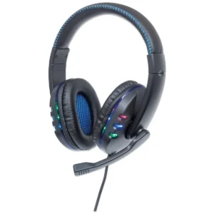 Manhattan USB-A Gaming Headset with LEDs. Retractable Built-in Microphone, Audio Control, Integrated 1.8m cable, Black and Blue, Three Year Warranty
