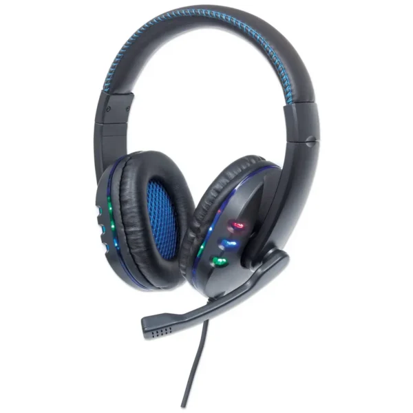 Manhattan USB-A Gaming Headset with LEDs. Retractable Built-in Microphone, Audio Control, Integrated 1.8m cable, Black and Blue, Three Year Warranty