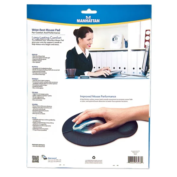 Manhattan Wrist Gel Support Pad and Mouse Mat, Black, 241 × 203 × 40 mm, non slip base, Lifetime Warranty, Card Retail Packaging