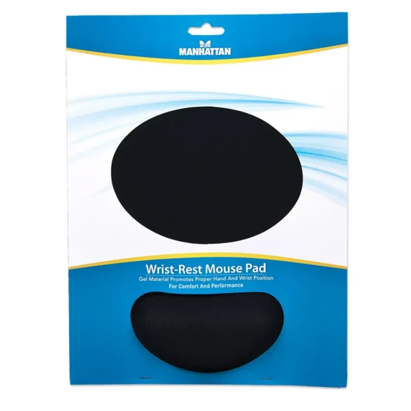 Manhattan Wrist Gel Support Pad and Mouse Mat, Black, 241 × 203 × 40 mm, non slip base, Lifetime Warranty, Card Retail Packaging