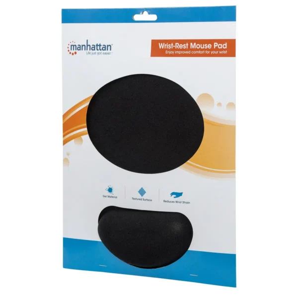 Manhattan Wrist Gel Support Pad and Mouse Mat, Black, 241 × 203 × 40 mm, non slip base, Lifetime Warranty, Card Retail Packaging
