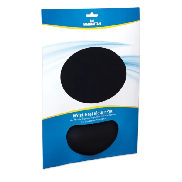 Manhattan Wrist Gel Support Pad and Mouse Mat, Black, 241 × 203 × 40 mm, non slip base, Lifetime Warranty, Card Retail Packaging