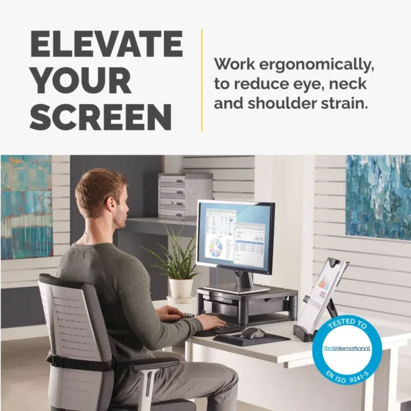 Fellowes Computer Monitor Stand with 3 Height Adjustments – Premium Monitor Riser Plus with Cable Management – Ergonomic Adjustable Monitor Stand for Computers – Max Weight 36KG/Max Size 21″ – Graphite