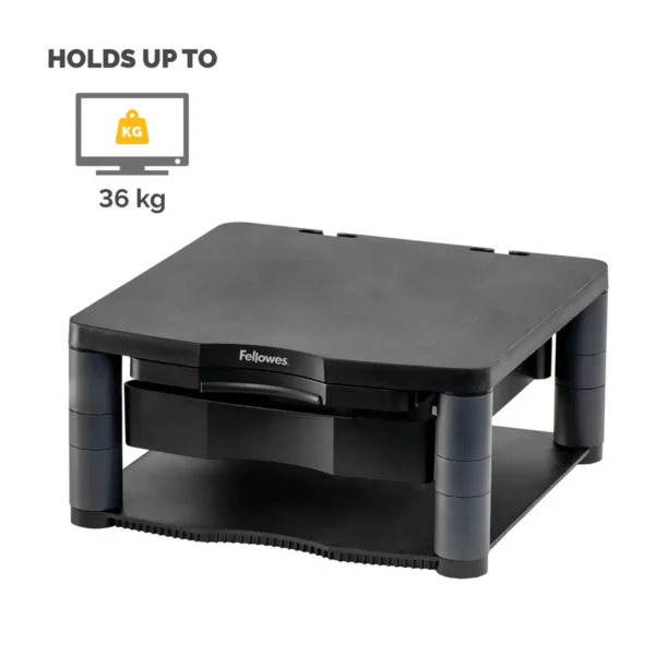 Fellowes Computer Monitor Stand with 3 Height Adjustments – Premium Monitor Riser Plus with Cable Management – Ergonomic Adjustable Monitor Stand for Computers – Max Weight 36KG/Max Size 21″ – Graphite