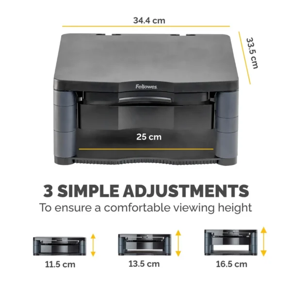 Fellowes Computer Monitor Stand with 3 Height Adjustments – Premium Monitor Riser Plus with Cable Management – Ergonomic Adjustable Monitor Stand for Computers – Max Weight 36KG/Max Size 21″ – Graphite