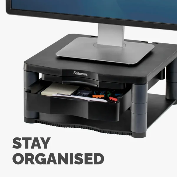 Fellowes Computer Monitor Stand with 3 Height Adjustments – Premium Monitor Riser Plus with Cable Management – Ergonomic Adjustable Monitor Stand for Computers – Max Weight 36KG/Max Size 21″ – Graphite