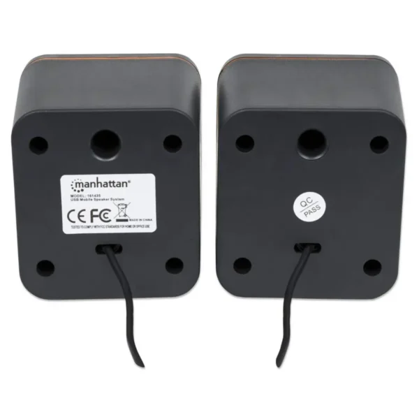 Manhattan 2600 Series Speaker System, Small Size, Big Sound, Two Speakers, Stereo, USB power, Output: 2x 3W, 3.5mm plug for sound, In-Line volume control, Cable 0.9m, Black, Three Year Warranty