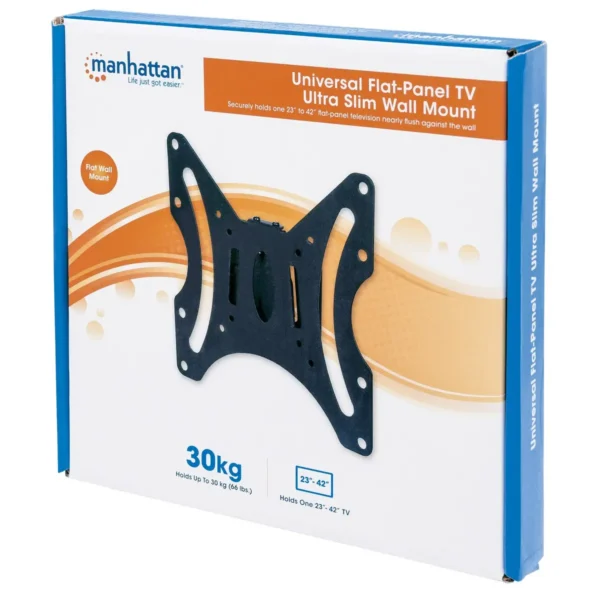 Manhattan Wall Mount for TV & Monitors (Fixed), For screens 23″ to 42″, VESA compatability: all between 75x75mm and 200x200mm – check the dimensions of the four mounting holes on back of screen to ensure it fits, Max 30kg, Black, Bracket