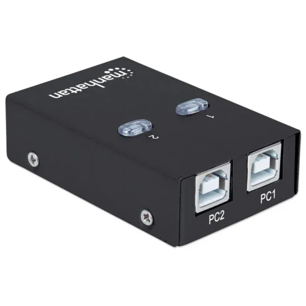 Manhattan USB-A Automatic Sharing Switch, 2x USB-B Ports, 480 Mbps (USB 2.0), Dual Control (Auto-Sensing or Manual), Bus Powered, Hi-Speed USB, inc 1x 1.5m USB-A to USB-B cable, Black, Three Year Warranty