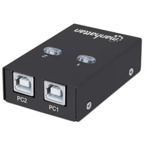 Manhattan USB-A Automatic Sharing Switch, 2x USB-B Ports, 480 Mbps (USB 2.0), Dual Control (Auto-Sensing or Manual), Bus Powered, Hi-Speed USB, inc 1x 1.5m USB-A to USB-B cable, Black, Three Year Warranty