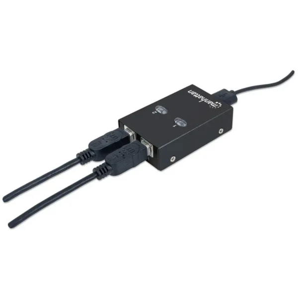 Manhattan USB-A Automatic Sharing Switch, 2x USB-B Ports, 480 Mbps (USB 2.0), Dual Control (Auto-Sensing or Manual), Bus Powered, Hi-Speed USB, inc 1x 1.5m USB-A to USB-B cable, Black, Three Year Warranty