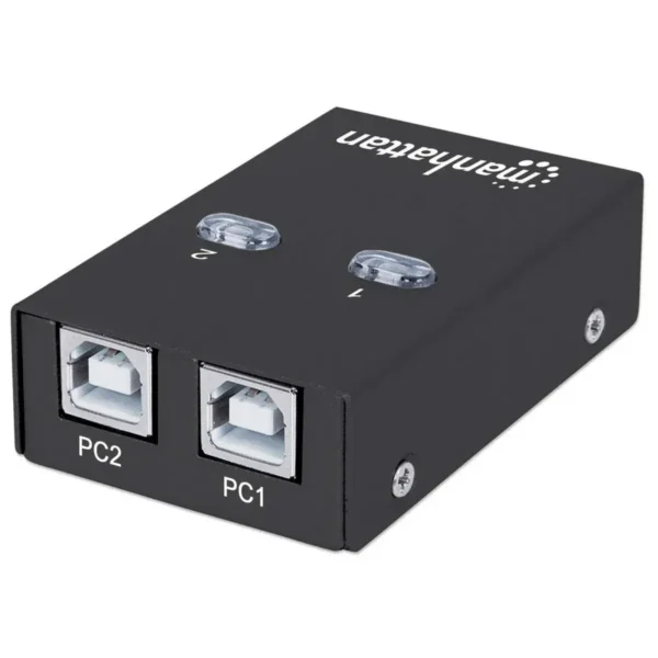 Manhattan USB-A Automatic Sharing Switch, 2x USB-B Ports, 480 Mbps (USB 2.0), Dual Control (Auto-Sensing or Manual), Bus Powered, Hi-Speed USB, inc 1x 1.5m USB-A to USB-B cable, Black, Three Year Warranty