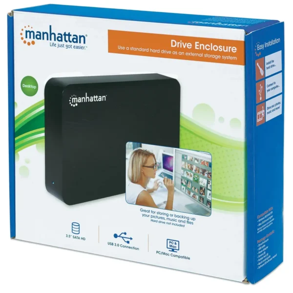 Manhattan Drive Enclosure (Euro 2-pin plug), 5 Gbps (USB 3.2 Gen1 aka USB 3.0), SATA, 3.5″, One-touch backup button, SuperSpeed USB, Black, Sturdy, Plastic, Three Year Warranty, Boxed