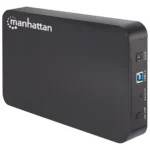 Manhattan Drive Enclosure (Euro 2-pin plug), 5 Gbps (USB 3.2 Gen1 aka USB 3.0), SATA, 3.5″, One-touch backup button, SuperSpeed USB, Black, Sturdy, Plastic, Three Year Warranty, Boxed