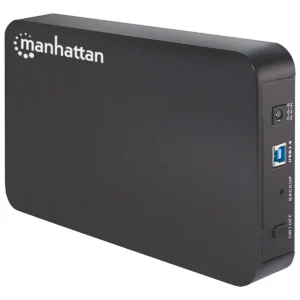 Manhattan Drive Enclosure (Euro 2-pin plug), 5 Gbps (USB 3.2 Gen1 aka USB 3.0), SATA, 3.5″, One-touch backup button, SuperSpeed USB, Black, Sturdy, Plastic, Three Year Warranty, Boxed