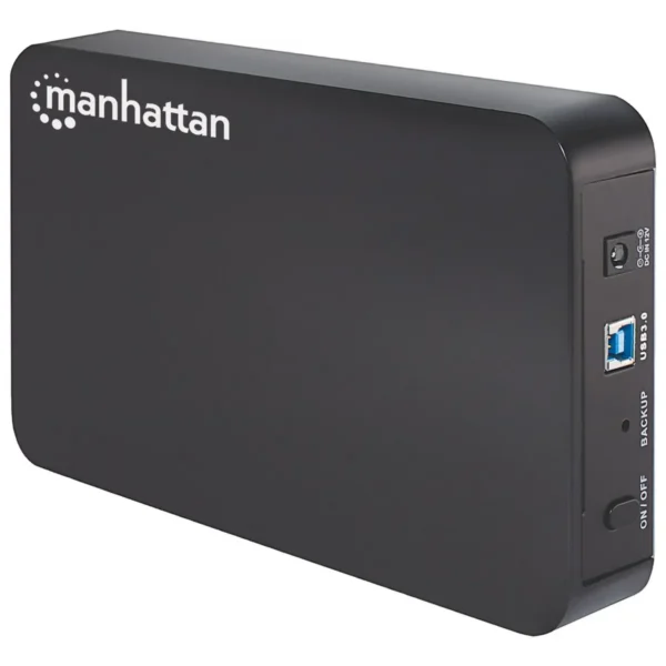 Manhattan Drive Enclosure (Euro 2-pin plug), 5 Gbps (USB 3.2 Gen1 aka USB 3.0), SATA, 3.5″, One-touch backup button, SuperSpeed USB, Black, Sturdy, Plastic, Three Year Warranty, Boxed