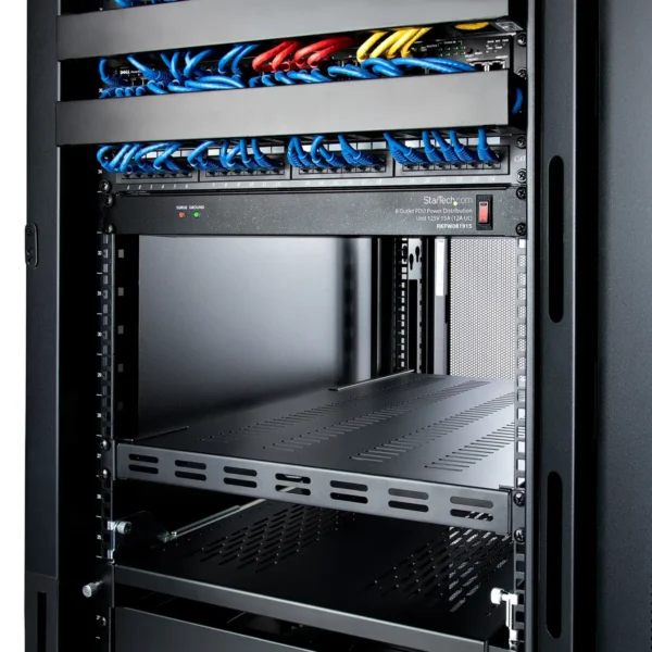 StarTech.com 1U 4-Post Adjustable Vented Server Rack Mount Shelf – 330lbs(150 kg) – 19.5 to 38in Adjustable Mounting Depth Universal Tray for 19″ AV/ Network Equipment Rack – 27.5in Deep