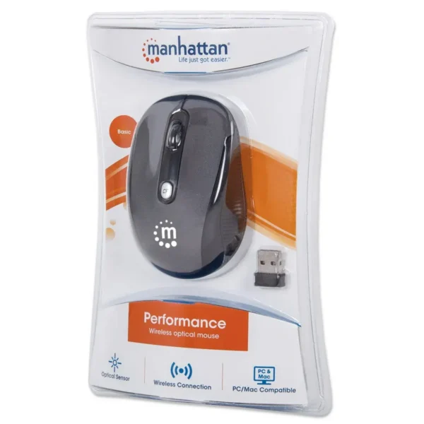 Manhattan Performance Wireless Mouse, Black, Adjustable DPI (1000, 1500 or 2000dpi), 2.4Ghz (up to 10m), USB, Optical, Four Button with Scroll Wheel, USB micro receiver, AA battery (included), Low friction base, Three Year Warranty, Blister