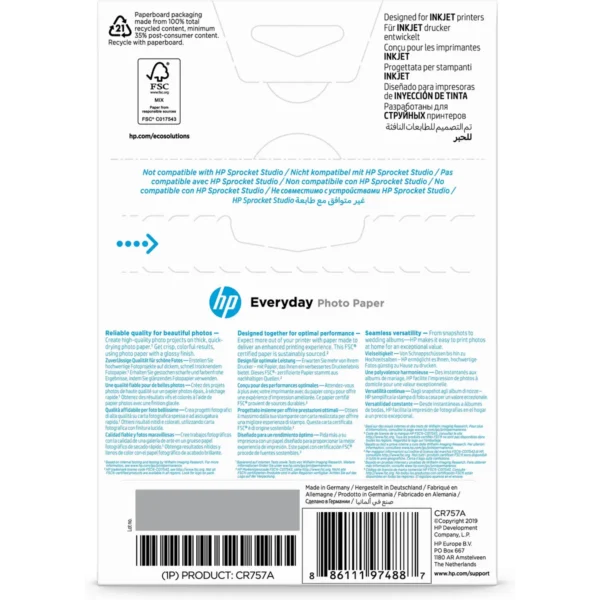 HP Everyday Photo Paper, Glossy, 200 g/m2, 10 x 15 cm (101 x 152 mm), 100 sheets