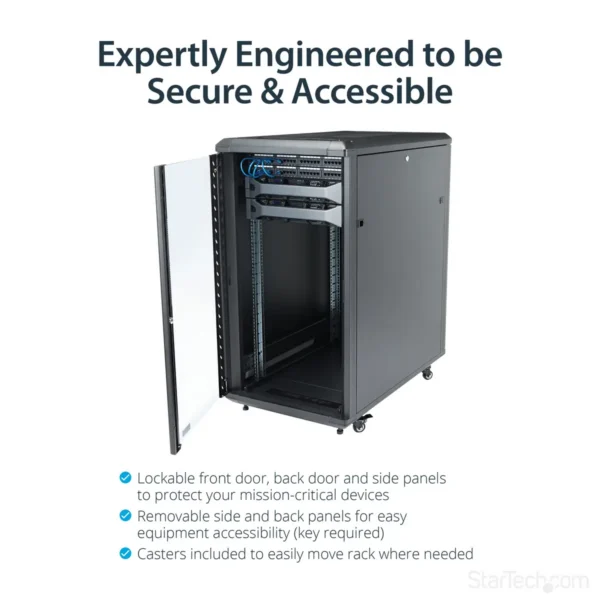 StarTech.com 4-Post 22U Server Rack Cabinet, Lockable 19″ Data Rack Cabinet for Computer / AV / IT Equipment, Office / Home Network Rack with Casters & Adjustable Mounting Rails