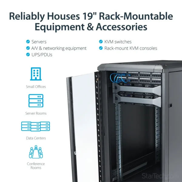 StarTech.com 4-Post 22U Server Rack Cabinet, Lockable 19″ Data Rack Cabinet for Computer / AV / IT Equipment, Office / Home Network Rack with Casters & Adjustable Mounting Rails
