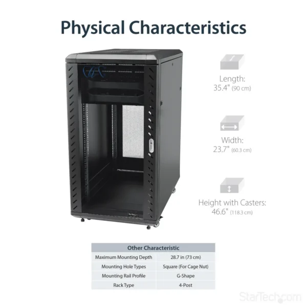 StarTech.com 4-Post 22U Server Rack Cabinet, Lockable 19″ Data Rack Cabinet for Computer / AV / IT Equipment, Office / Home Network Rack with Casters & Adjustable Mounting Rails