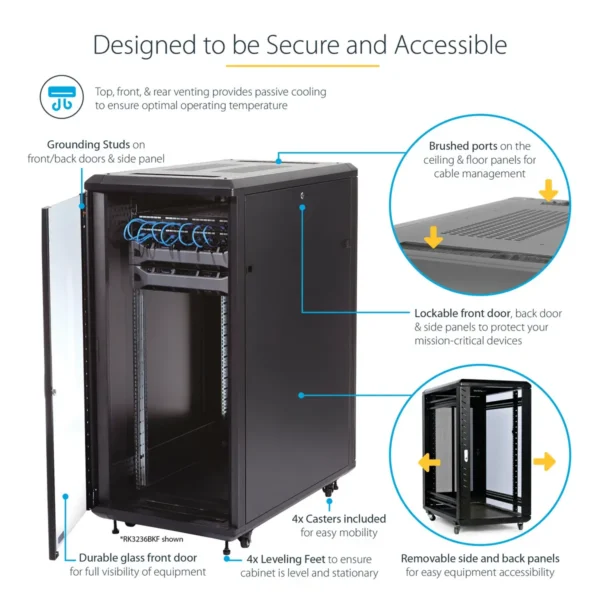 StarTech.com 4-Post 25U Server Rack Cabinet, Lockable 19″ Data Rack Cabinet for Computer / AV / IT Equipment, Office / Home Network Rack with Casters & Adjustable Mounting Rails