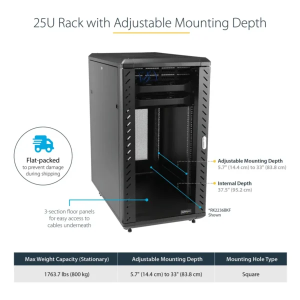 StarTech.com 4-Post 25U Server Rack Cabinet, Lockable 19″ Data Rack Cabinet for Computer / AV / IT Equipment, Office / Home Network Rack with Casters & Adjustable Mounting Rails