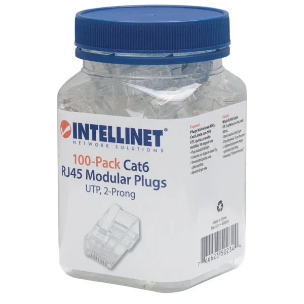 Intellinet RJ45 Modular Plugs, Cat6, UTP, 2-prong, for stranded wire, 15 µ gold plated contacts, 100 pack