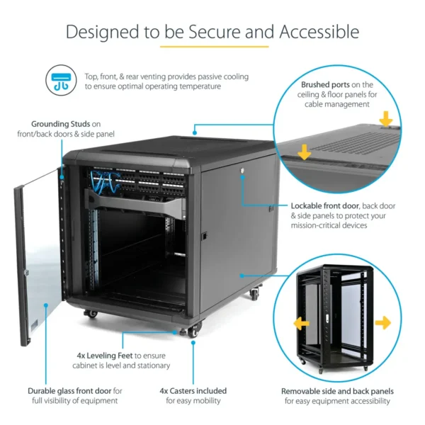 StarTech.com 4-Post 12U Server Rack Cabinet, Lockable 19″ Data Rack Cabinet for Computer / AV / IT Equipment, Office / Home Network Rack with Casters & Adjustable Mounting Rails