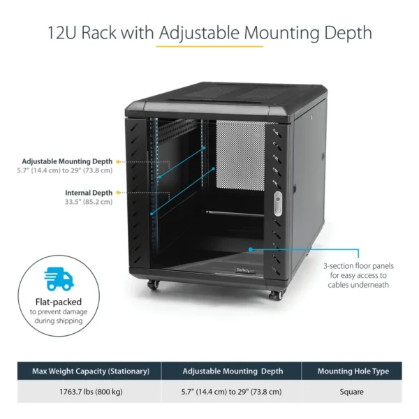 StarTech.com 4-Post 12U Server Rack Cabinet, Lockable 19″ Data Rack Cabinet for Computer / AV / IT Equipment, Office / Home Network Rack with Casters & Adjustable Mounting Rails