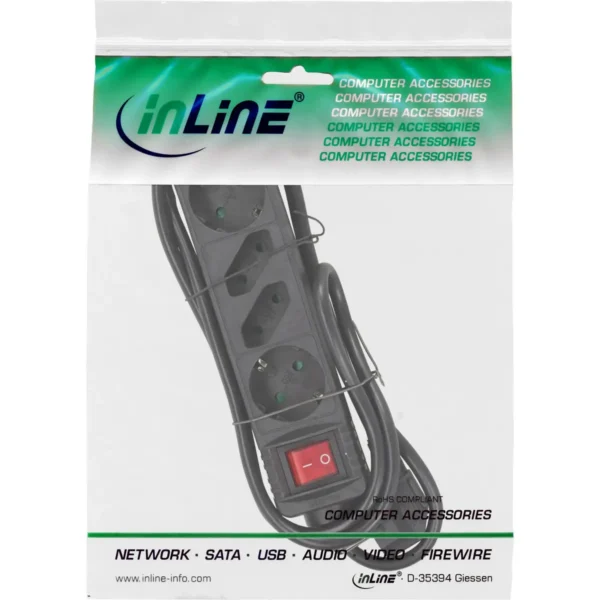 InLine Socket strip, 4-way, 2x CEE7/3 + 2x Euro CEE 7/16, black, 5m