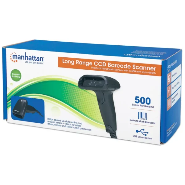 Manhattan Long Range CCD Handheld Barcode Scanner, USB, 500mm Scan Depth, Cable 1.5m, Max Ambient Light 10,000 lux (sunlight), Black, Three Year Warranty