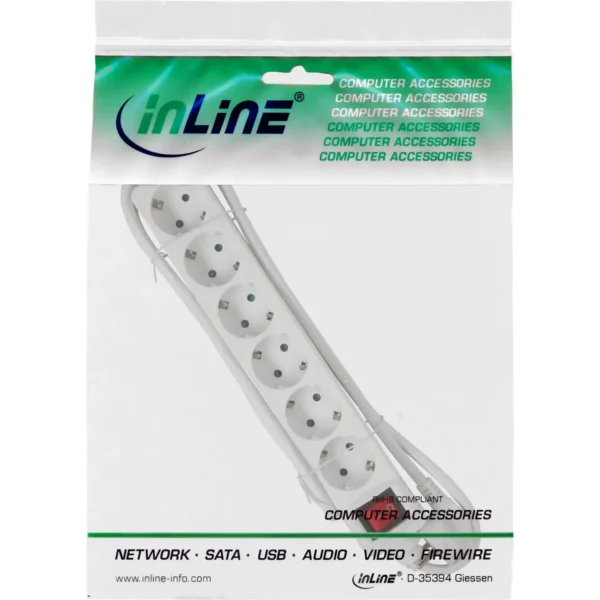 InLine Socket strip, 6-way earth contact CEE 7/3, white, 5m