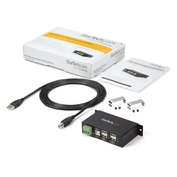 StarTech.com 4-Port USB 2.0 Hub – Metal Industrial USB-A Hub – Din Rail, Wall or Desk Mountable USB Data Hub – TAA Compliant USB Expander Hub