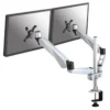 Neomounts Full Motion Dual Desk Mount (clamp) for two 10-27″ Monitor Screens, Height Adjustable – Silver