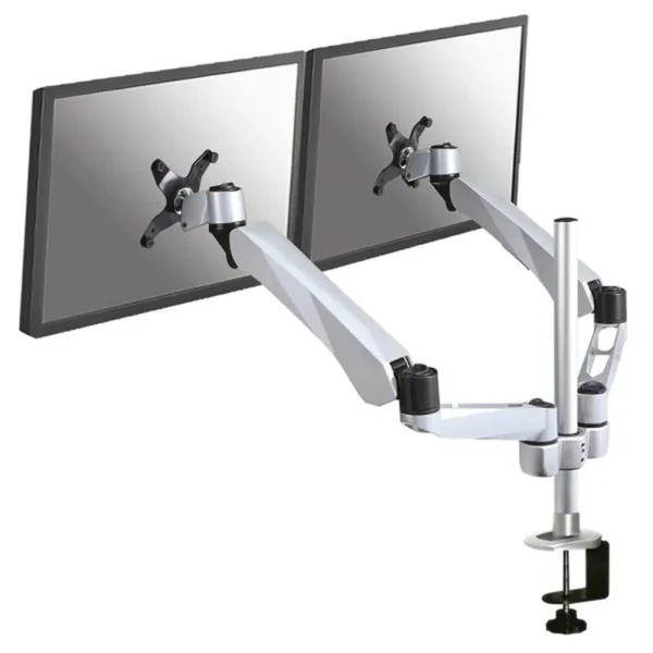 Neomounts Full Motion Dual Desk Mount (clamp) for two 10-27″ Monitor Screens, Height Adjustable – Silver