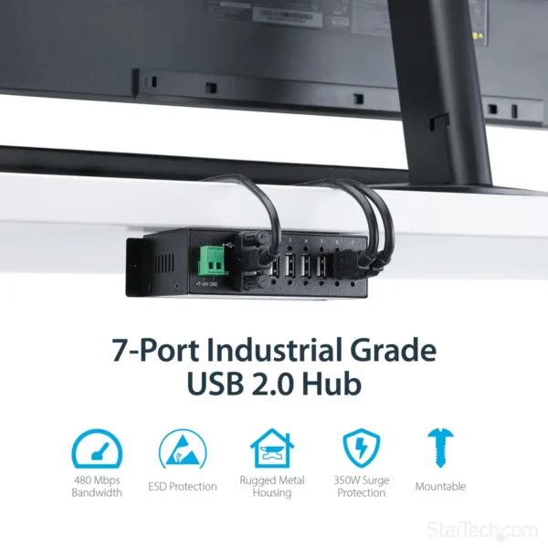 StarTech.com 7-Port USB 2.0 Hub – Metal Industrial USB-A Hub with ESD Protection & 350W Surge Protection – Din Rail, Wall or Desk Mountable – TAA Compliant USB Expander Hub